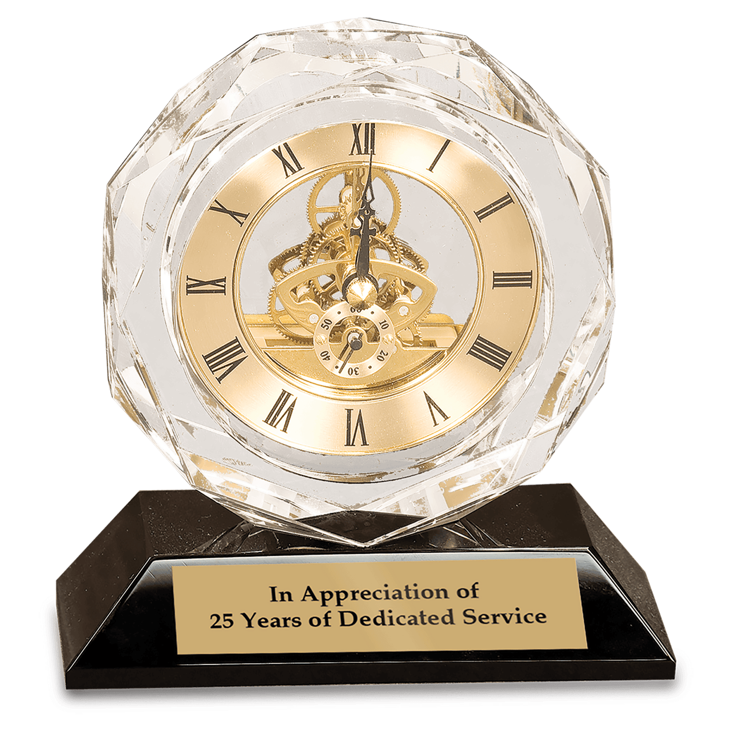5 3 4 Clear Crystal Clock on Black Pedestal Base