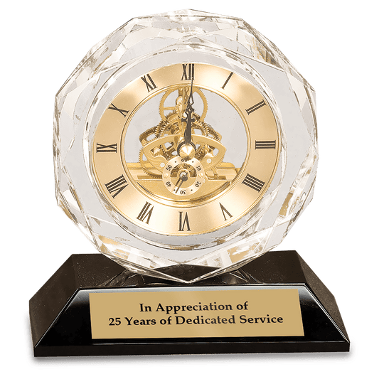 5 3 4 Clear Crystal Clock on Black Pedestal Base
