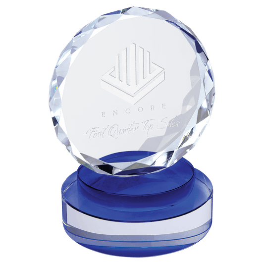 5 Round Facet Crystal on Blue & Clear Round Base