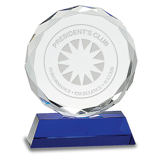 6 Round Facet Crystal on Blue Pedestal Base
