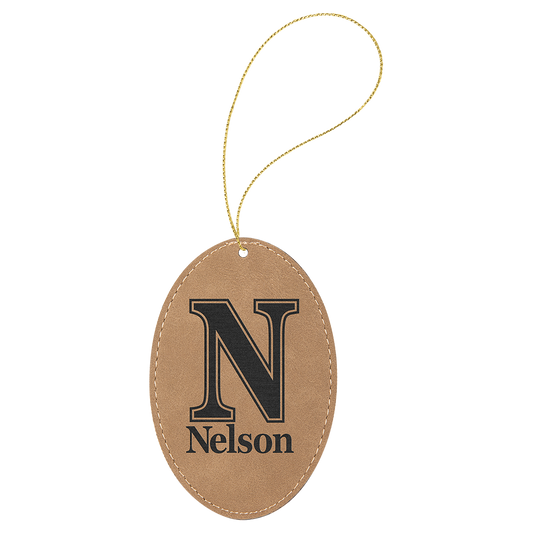 Light Brown Laserable Leatherette Oval Ornament with Gold String