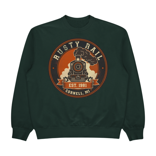 Green sweatshirt with 'Rusty Rail' graphic design on a white background