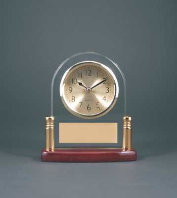 6 1 2 Arch Glass Desk Clock with Metal Posts & Rosewood Piano Finish