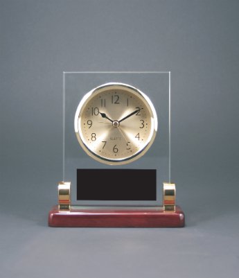 6 1 2 Rectangle Glass Desk Clock with Metal Posts & Rosewood Piano Finish