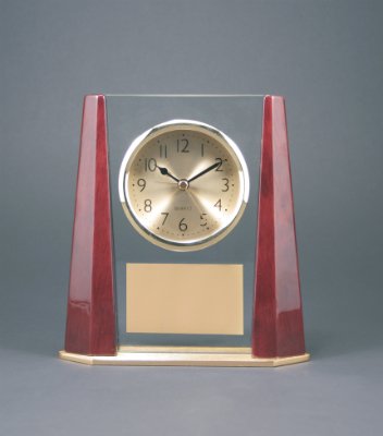 7 Glass Desk Clock with Rosewood Finish Bevel Columns