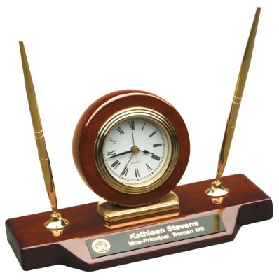 9 x 4 3 4 Piano Finish Desk Clock on Base with 2 Pens
